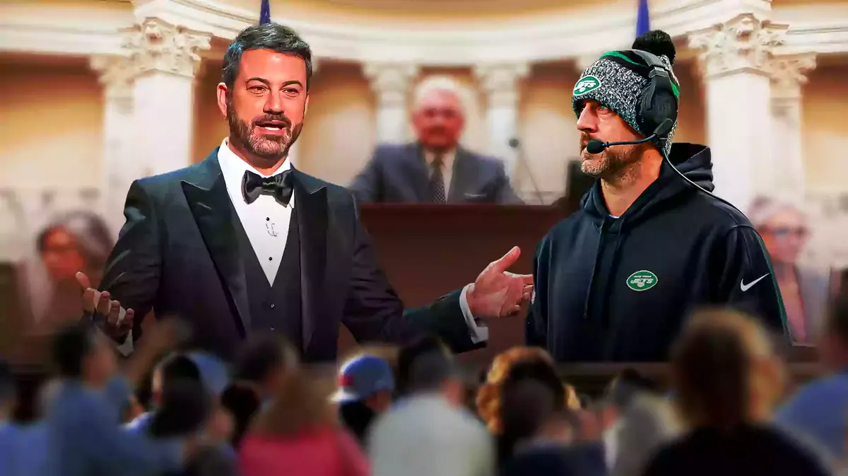 Jimmy Kimmel and Aaron Rodgers in a courtroom.