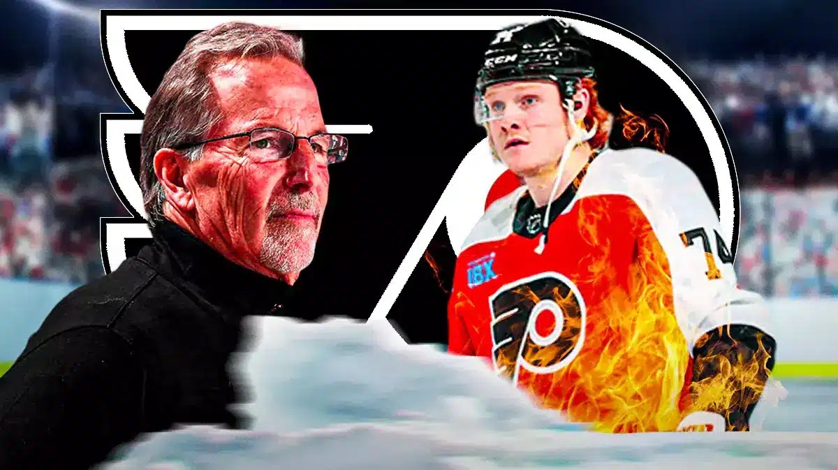 John Tortorella on one side looking impressed, Owen Tippett in middle with fire around him, PHI Flyers logo, hockey rink in background