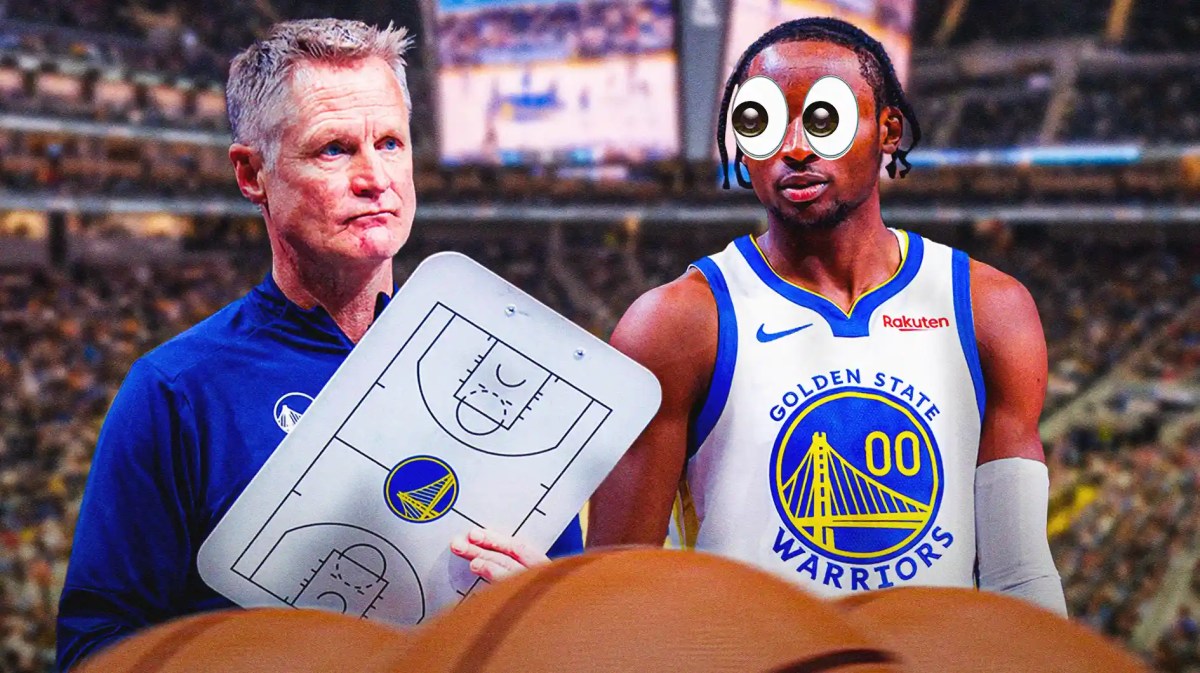 Warriors' Jonathan Kuminga looking at Steve Kerr with big eyes