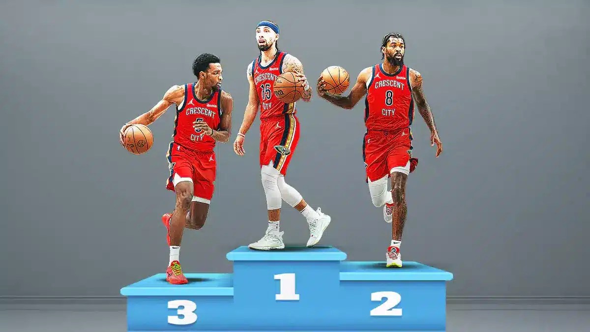 A podium with Jose Alvarado in first, Naji Marshall in second, and Herb Jones third.
