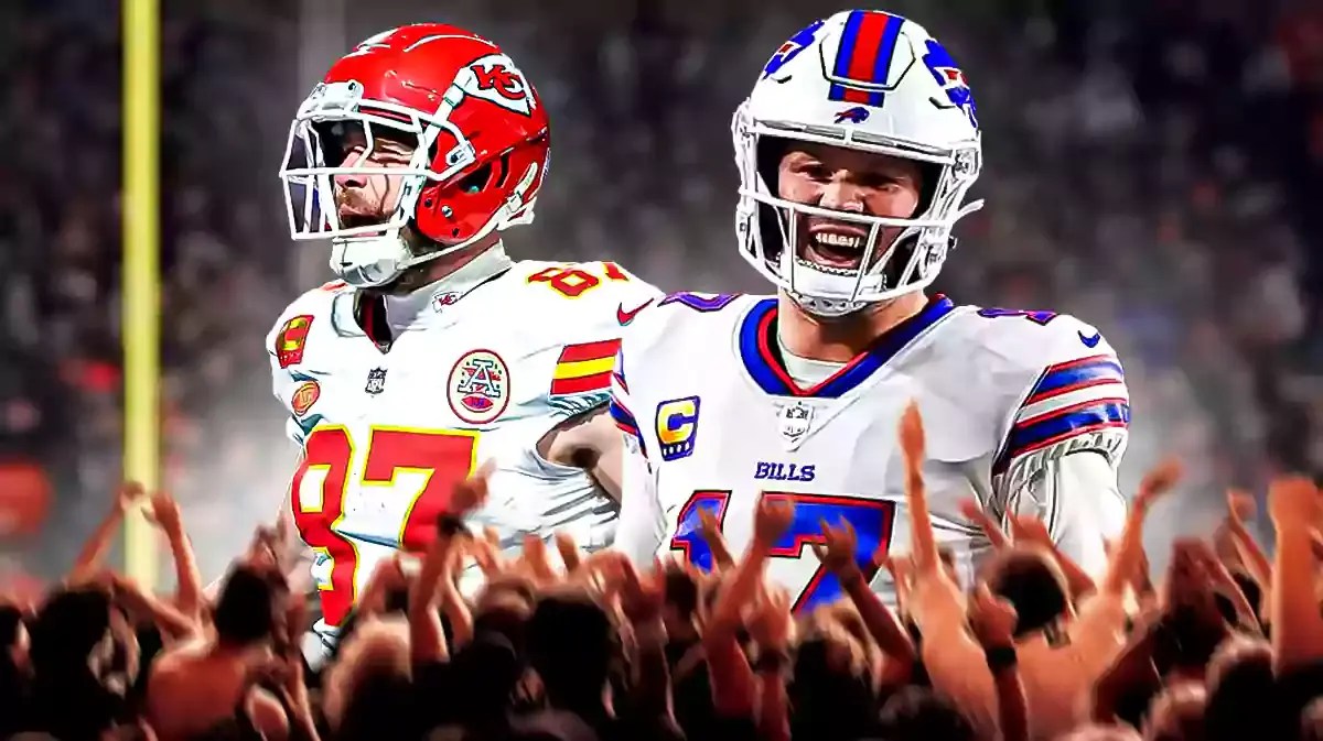 Travis Kelce and Josh Allen yelling. Highmark stadium in background
