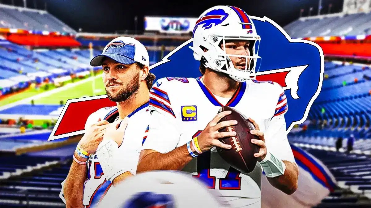 Josh Allen in Bills jersey during NFL Playoffs, distant Chiefs fans watching Patrick Mahomes and the game