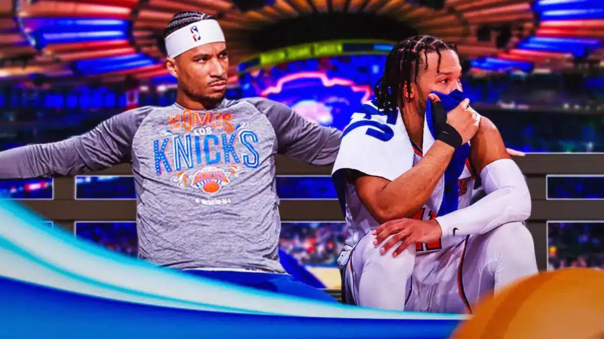 Knicks' Josh Hart, Knicks' Jalen Brunson both sitting down on an NBA sideline looking serious.