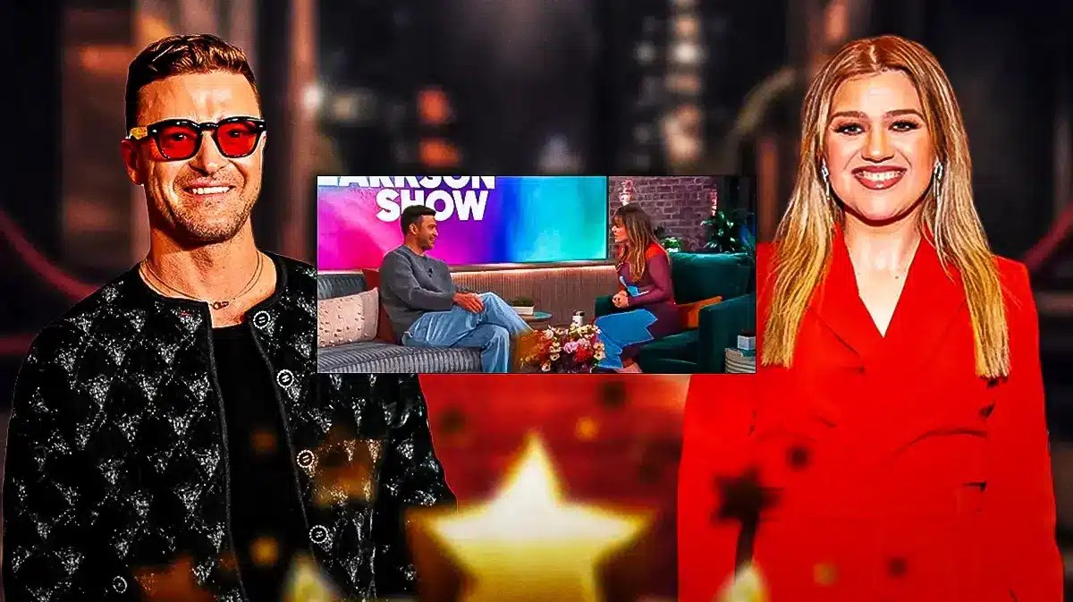 Justin Timberlake, Kelly Clarkson, and a still from his appearance as a guest on The Kelly Clarkson Show