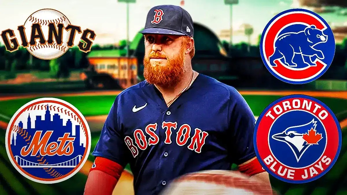 Red Sox’s Justin Turner in front looking serious. Place the San Francisco Giants, Chicago Cubs, New York Mets, and Toronto Blue Jays logos in background.
