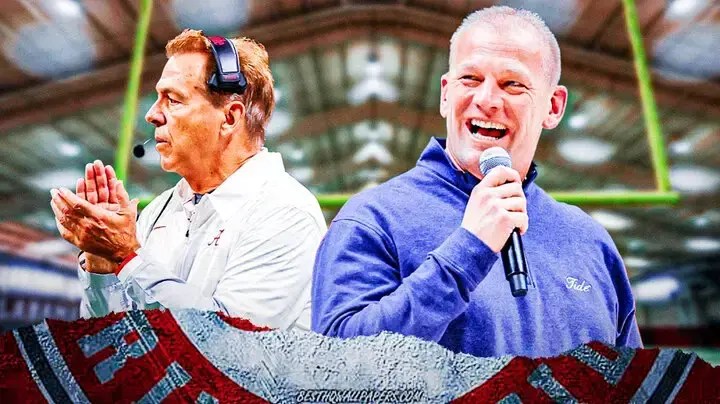 Photo: Kalen DeBoer and Nick Saban in Alabama gear with Alabama logo behind them