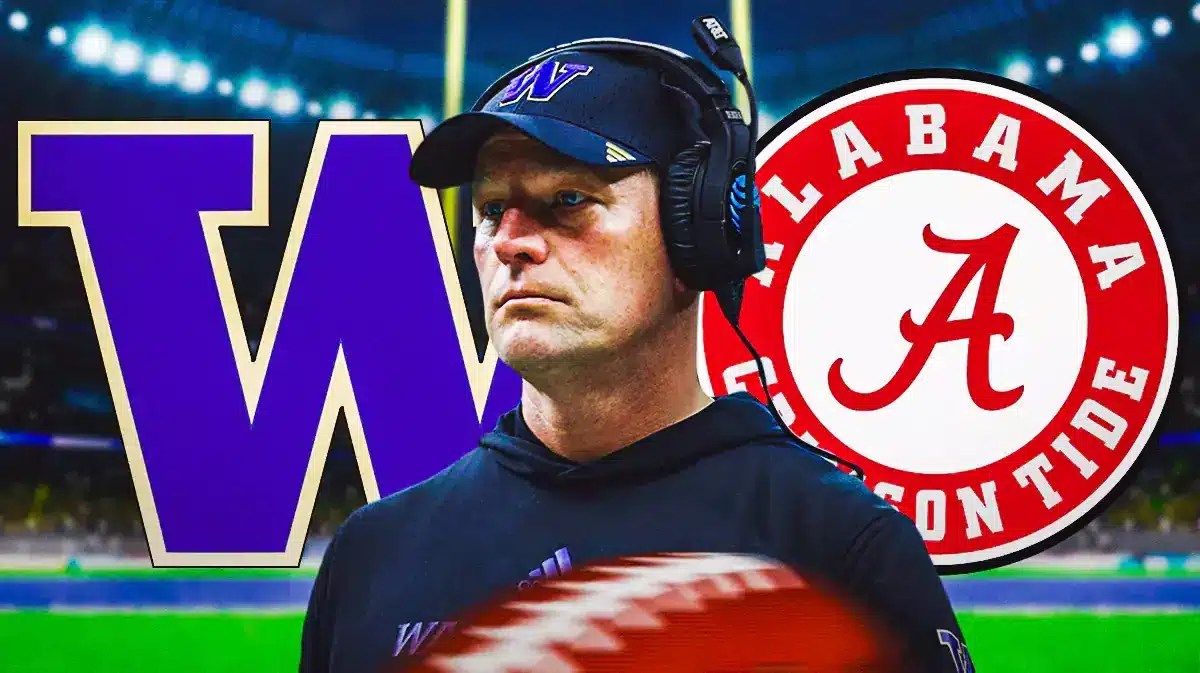 Kalen DeBoer in middle of image looking stern, Washington Football and Alabama football logos on either side, football field in background