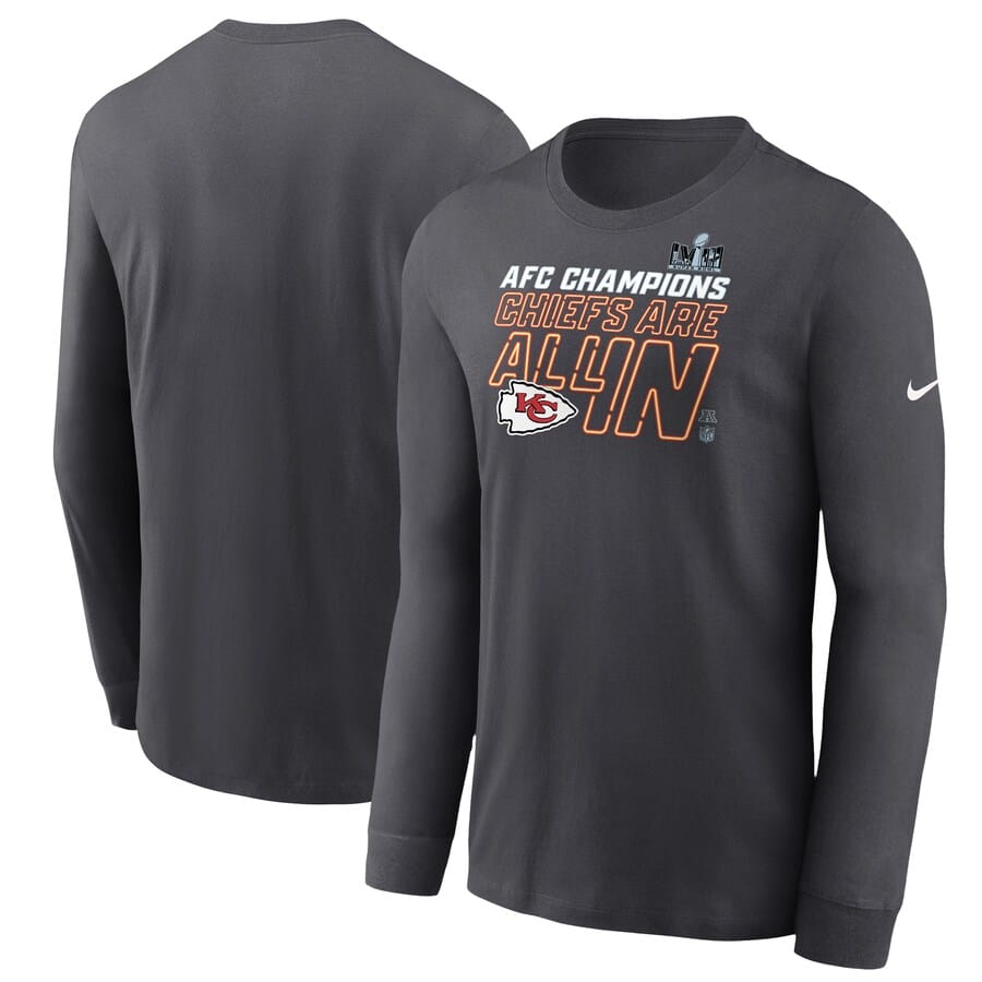 Kansas City Chiefs Nike 2023 AFC Champions Locker Room Trophy Collection Long Sleeve T-Shirt - Anthracite colored on a white background.