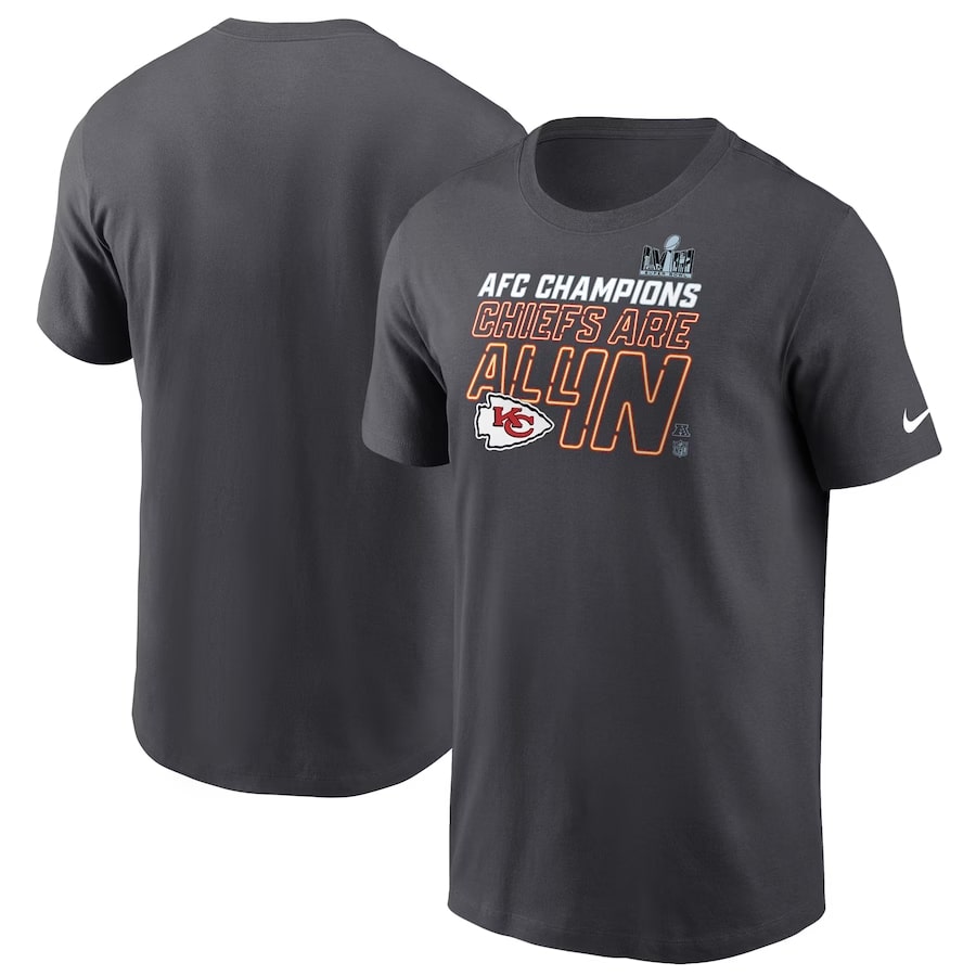 Kansas City Chiefs Nike 2023 AFC Champions Locker Room Trophy Collection T-Shirt - Anthracite colored on a white background.