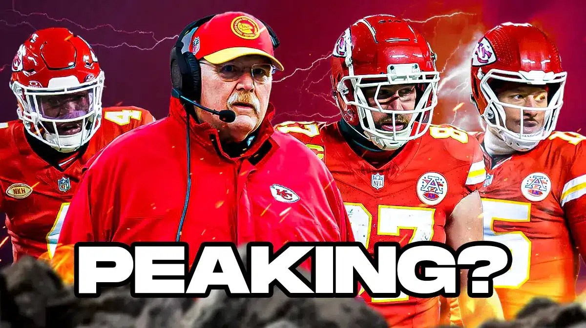 Patrick Mahomes, Rashee Rice, Travis Kelce, coach Andy Reid all beside each other and Lightning in the background.