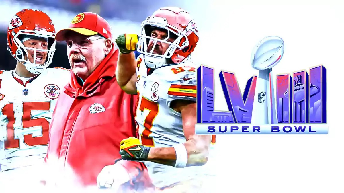 Patrick Mahomes, Andy Reid, Travis Kelce, Super Bowl 58 logo