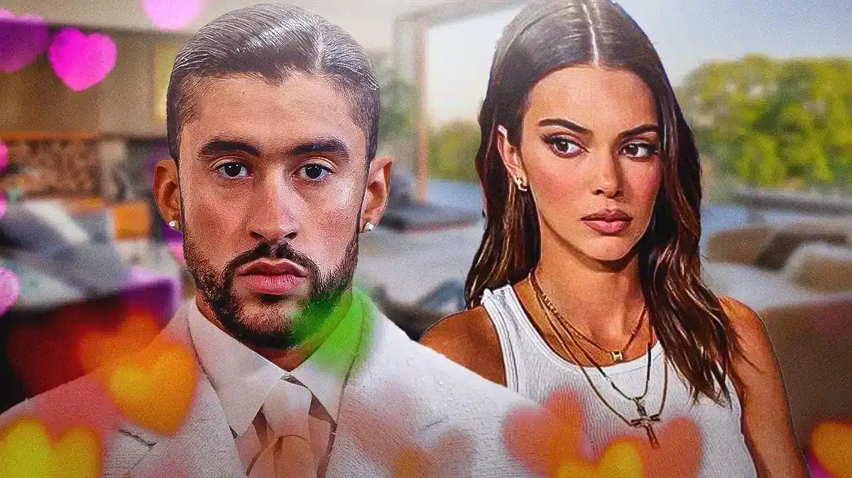 Kendall Jenner and Bad Bunny with hearts around them