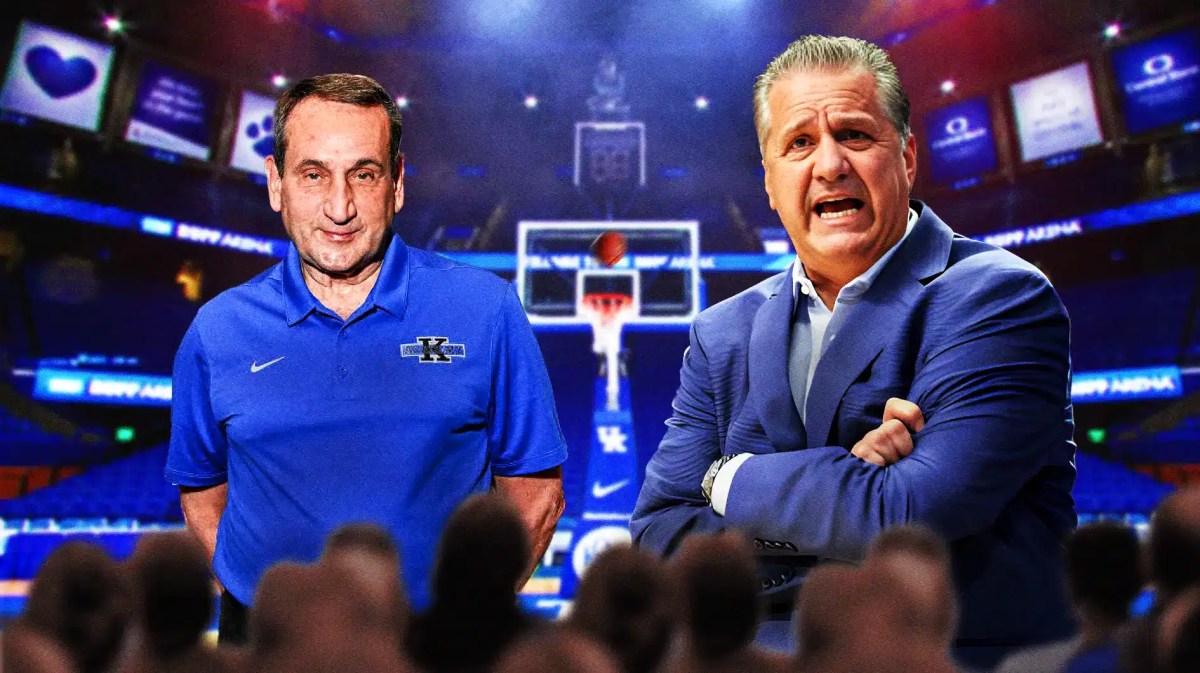 Kentucky basketball, Duke basketball, Coach K, John Calipari, Wildcats, Coach K and John Calipari with Kentucky basketball arena in the background