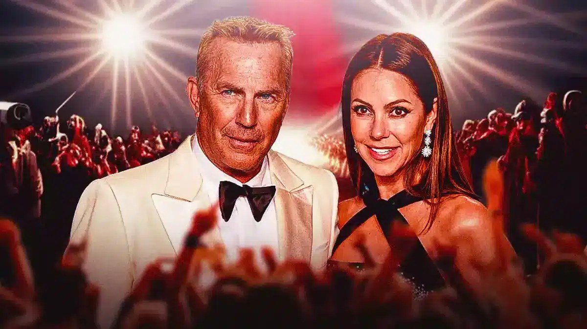 Kevin Costner and Christine Baumgartner with paparazzi behind them
