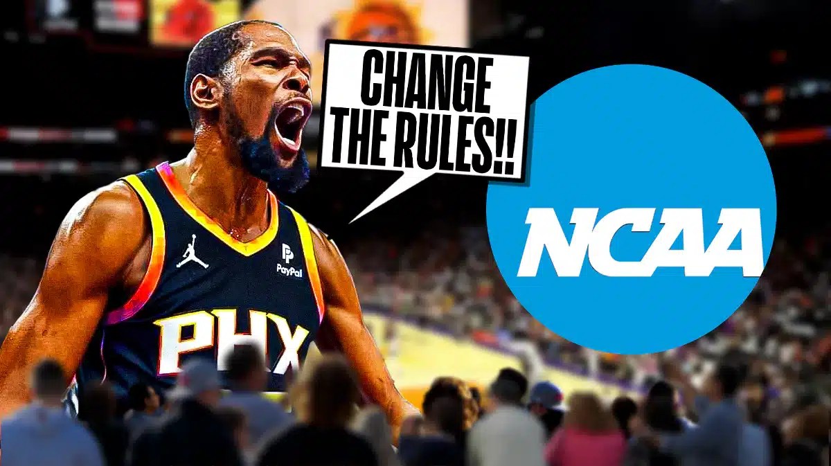 Phoenix Suns forward Kevin Durant yelling "Change the Rules!" to the NCAA logo.