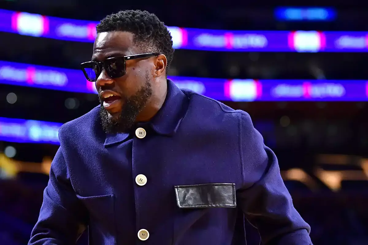 Film actor Kevin Hart in attendance as the Los Angeles Lakers play against the Golden State Warriors during the second half in game three of the 2023 NBA playoffs at Crypto.com Arena.