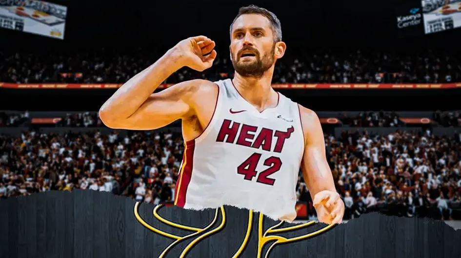Kevin Love with the Heat arena in the background