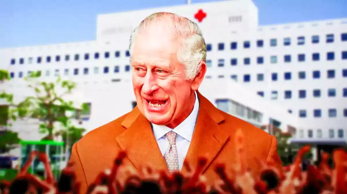 King Charles in front of a hospital in the background
