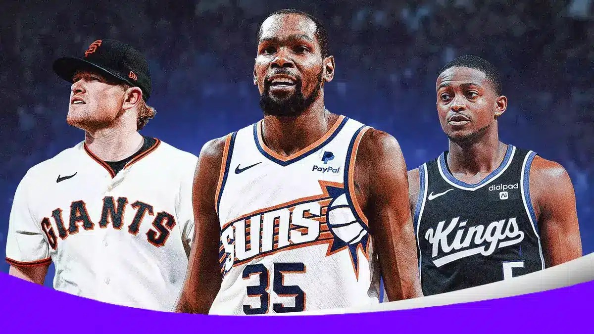 Giants' Logan Webb looking frustrated, with Suns' Kevin Durant happy and Kings' De’Aaron Fox sad