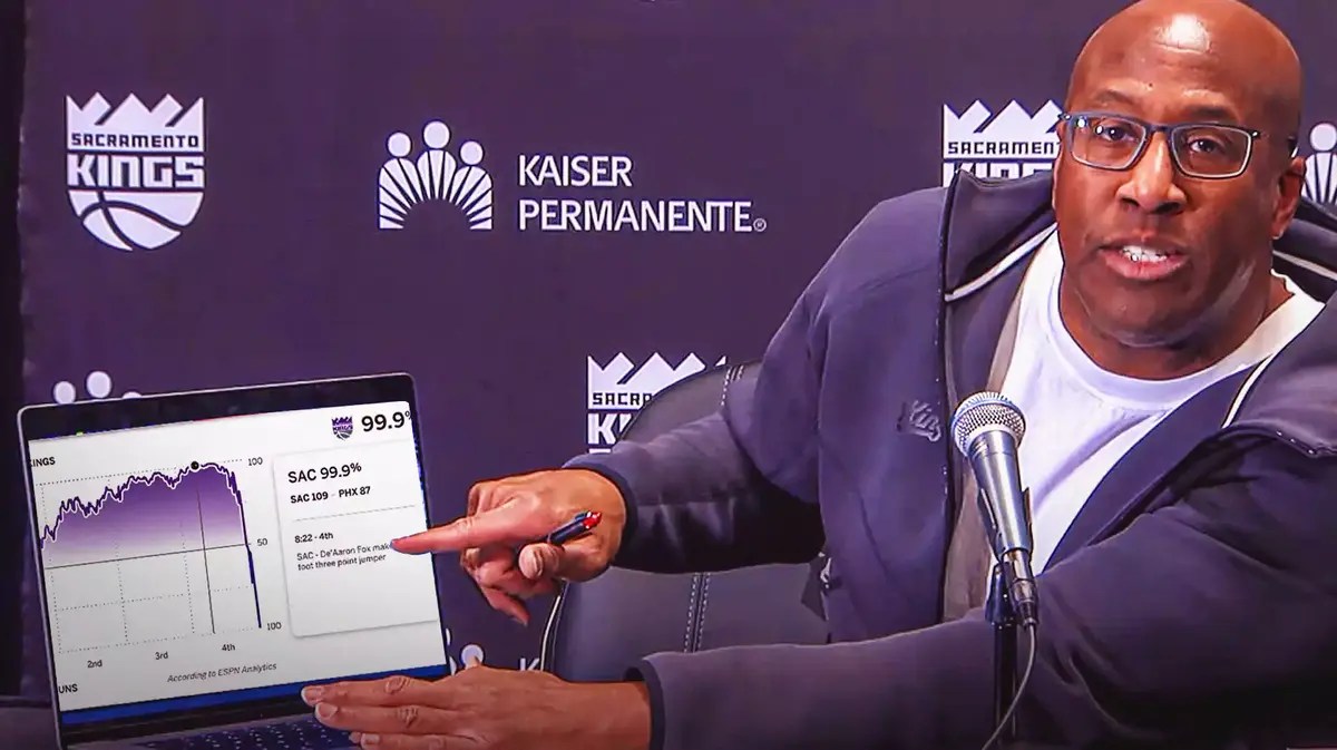 Kings' Mike Brown pointing at his laptop with the win probability vs. the Suns on the laptop