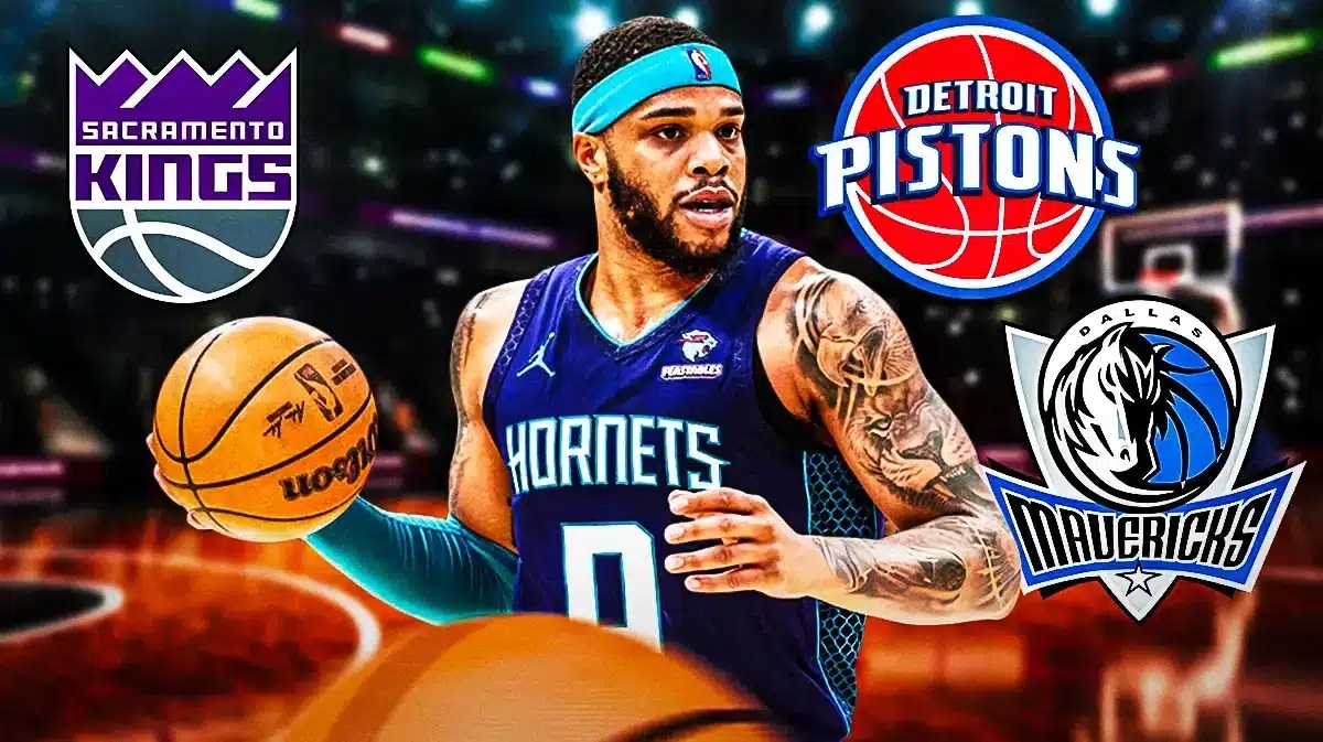 Miles Bridges surrounded by Kings, Pistons, and Mavericks logos.