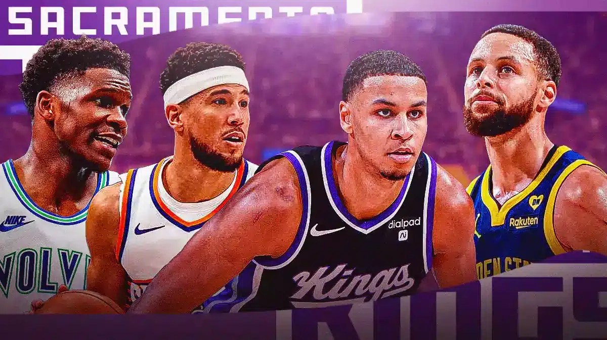 Kings' Keegan Murray with Anthony Edwards, Devin Booker and Stephen Curry behind him