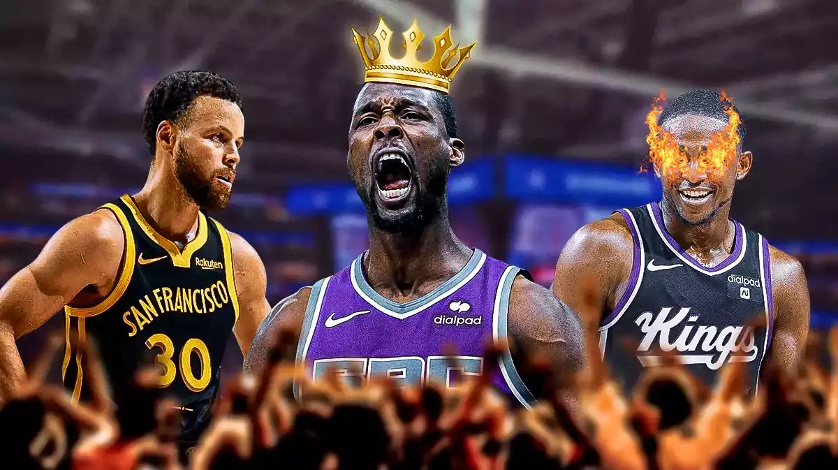 Kings De'Aaron Fox and Harrison Barnes with Warriors Stephen Curry