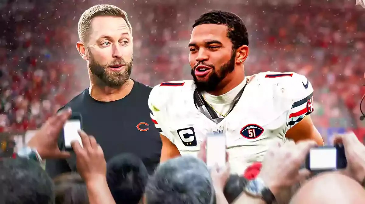 USC football coach Kliff Kingsbury and quarterback Caleb Williams both in Chicago Bears gear.