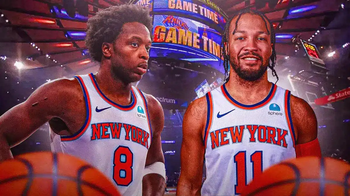 Knicks' Jalen Brunson smiling at OG Anunoby