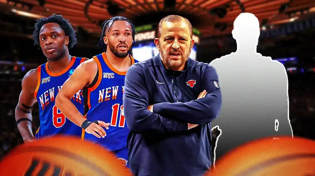 Tom Thibodeau, Jalen Brunson, OG Anunoby. Mikal Bridges as a silhouette