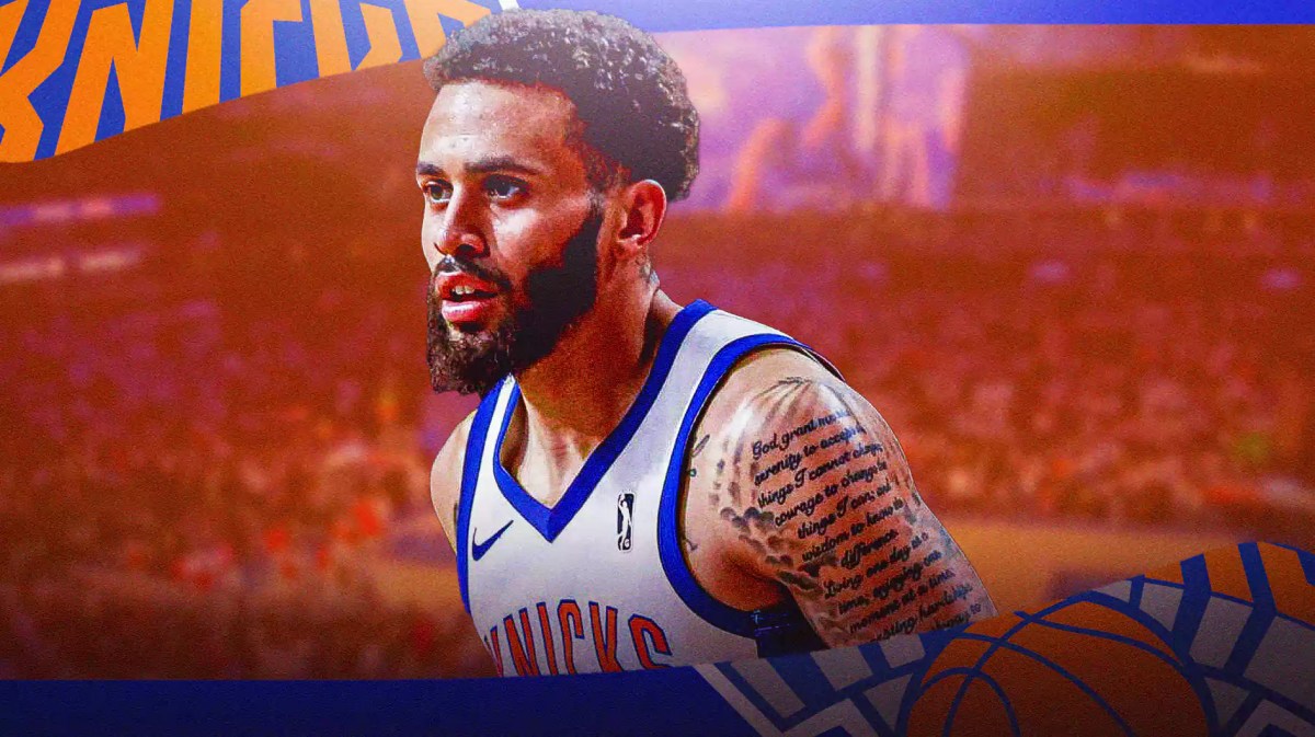 Duane Washington Jr. in a Knicks jersey with the Knicks arena in the background, roster