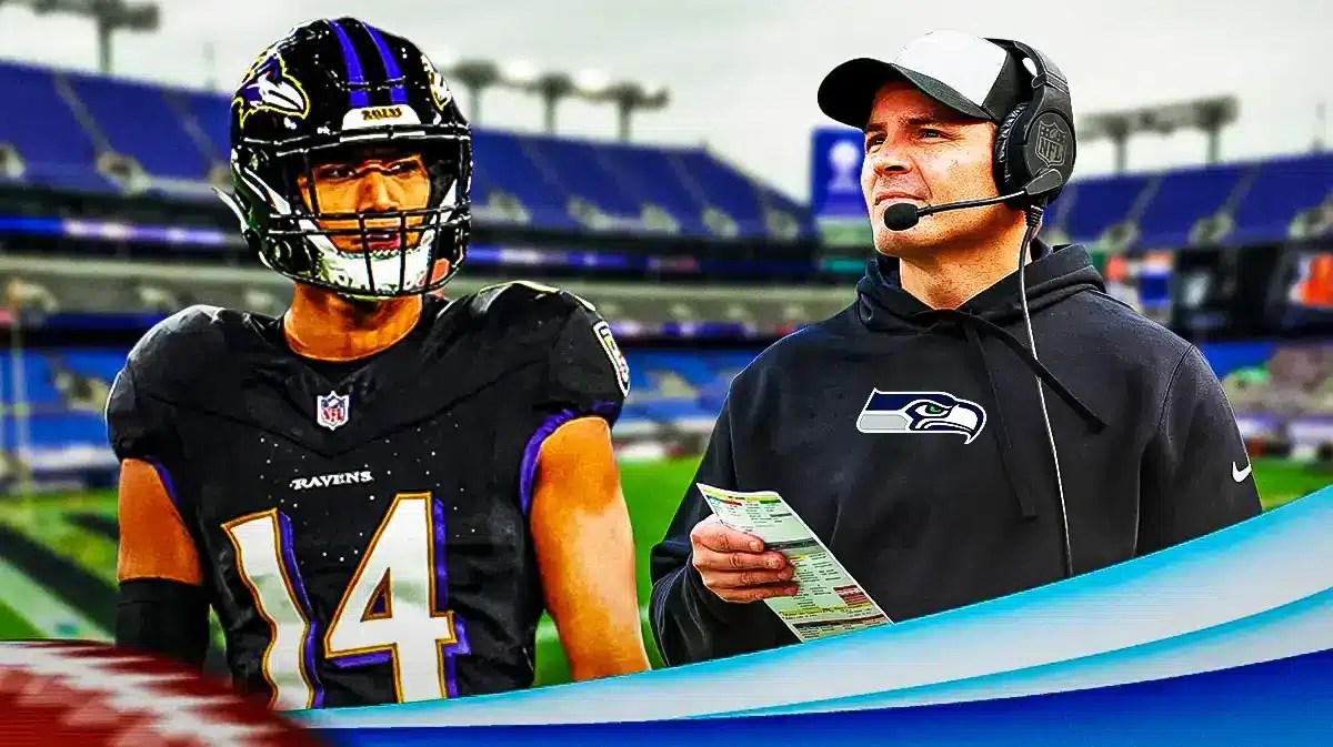 Photo: Kyle Hamilton in Ravens uniform with Mike Macdonald in Seahawks gear