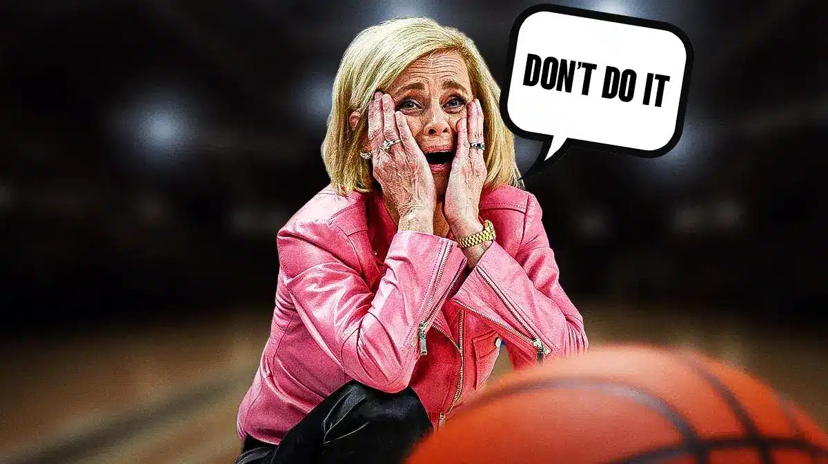 LSU women’s basketball coach Kim Mulkey, with a speech bubble saying “Don’t do it”