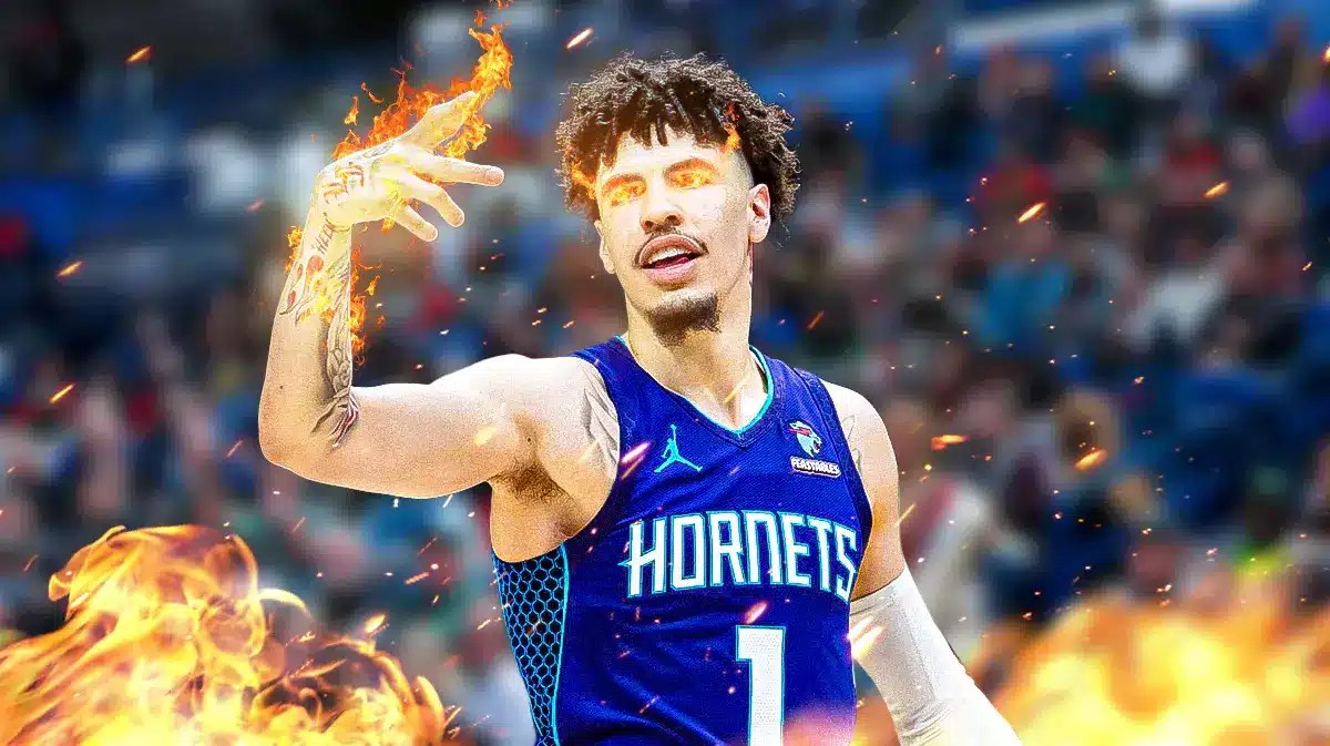 Hornets' LaMelo Ball with flames coming out of his hands