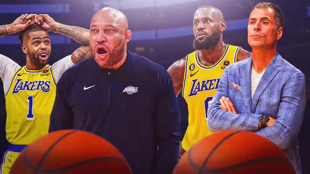 Lakers' LeBron James, Rob Pelinka both looking at Darvin Ham with confusion, with D’Angelo Russell looking frustrated