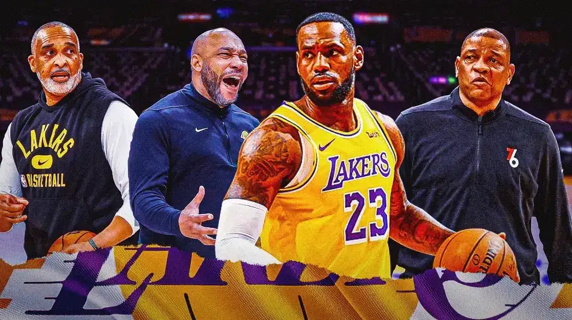 Lakers' Darvin Ham talking to LeBron James, with Doc Rivers and Phil Handy looking on