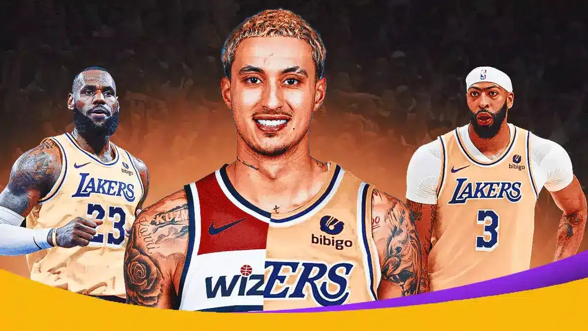 Lakers' LeBron James and Anthony Davis looking at Kyle Kuzma in a half Wizards/Lakers uni