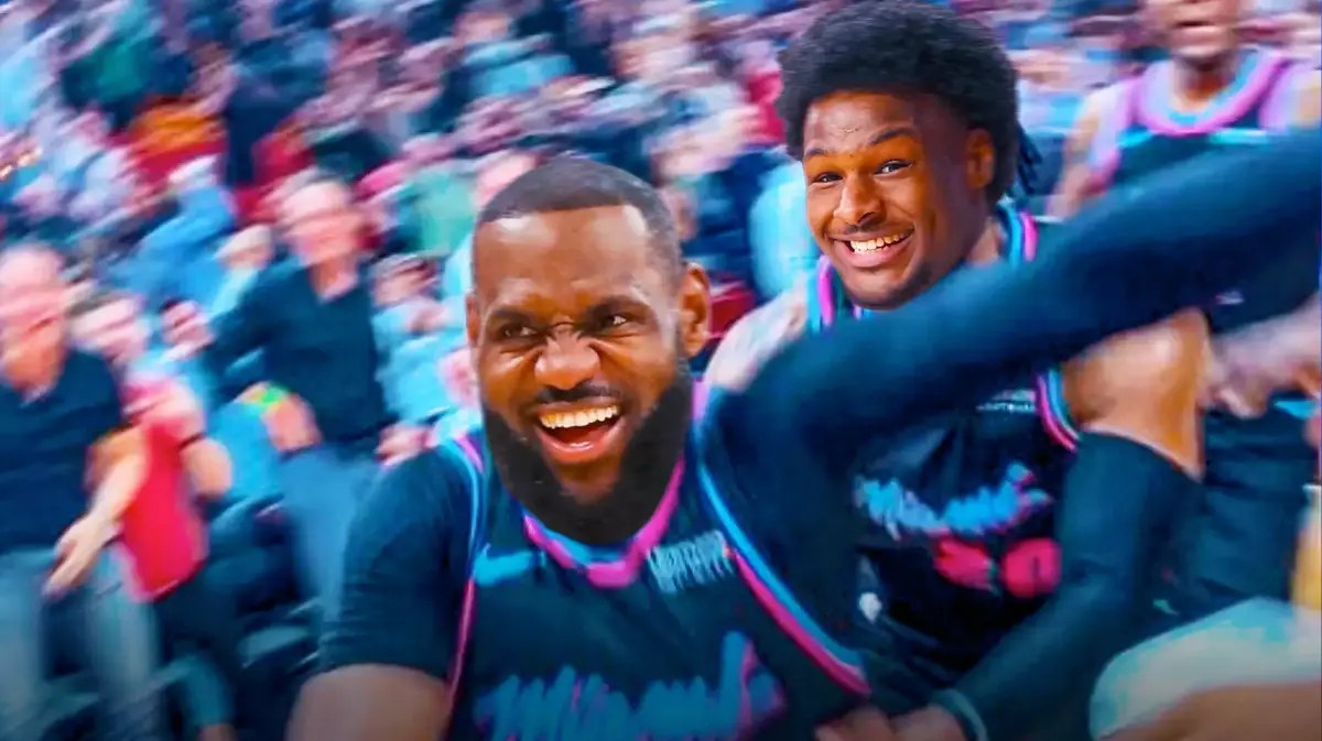 USC basketball’s Bronny James smiling, with Lakers' LeBron James in the Dwyane Wade running meme