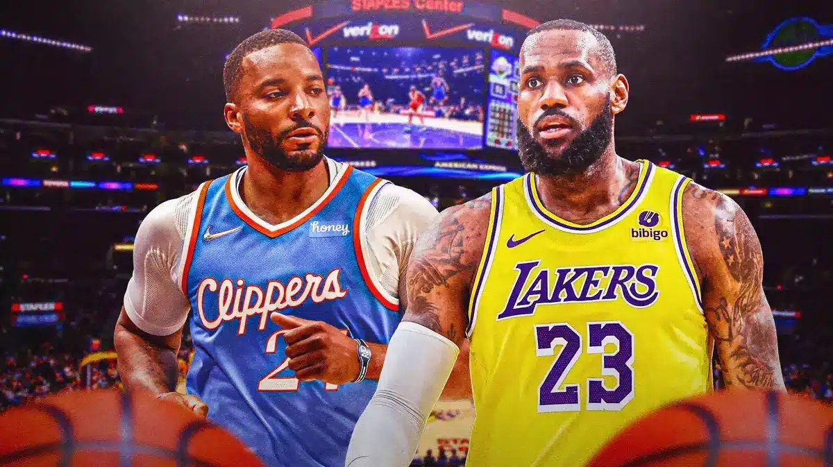 Lakers' LeBron James looking afraid, with Clippers' Norman Powell looking disappointed