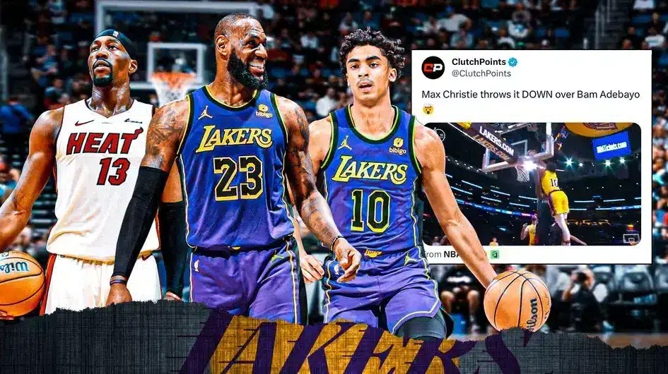 Screenshot of Max Christie’s drive, with Lakers' LeBron James hyping Max Christie up on the left and Heat’s Bam Adebayo looking sad