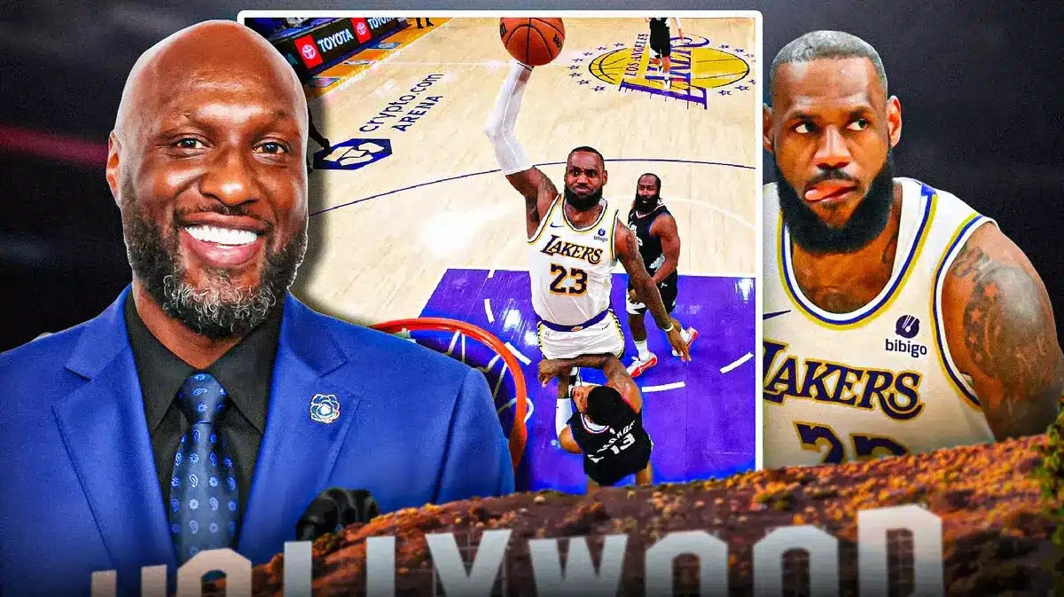 screenshot of LeBron James' dunk in the middle, with Lamar Odom (current) smiling on the left and Lakers' LeBron James hyped up on the right