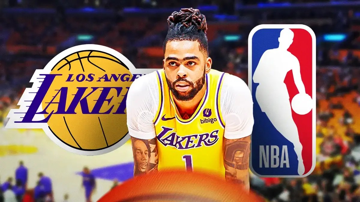 Lakers' D'Angelo Russell catches breath during heated Warriors game, LeBron James watches from the background