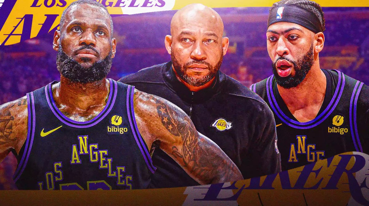 LeBron James, Anthony Davis and Darvin Ham with the Lakers arena in the background