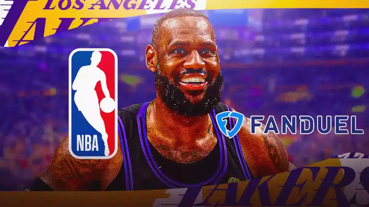 Lebron James padding stats in Lakers jersey, FanDuel betting odds logo