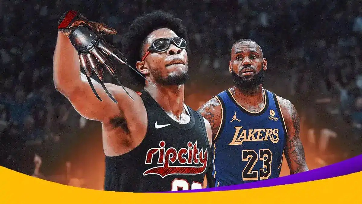 Lakers star LeBron James and Trail Blazers rookie Scoot Henderson, with Freddy Krueger hands