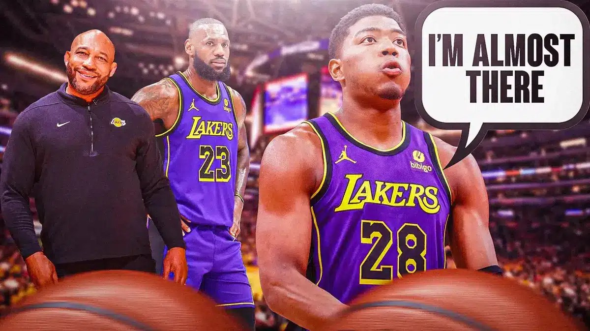 Rui Hachiimura saying "I'm almost there" next to LeBron James and Darvin Ham