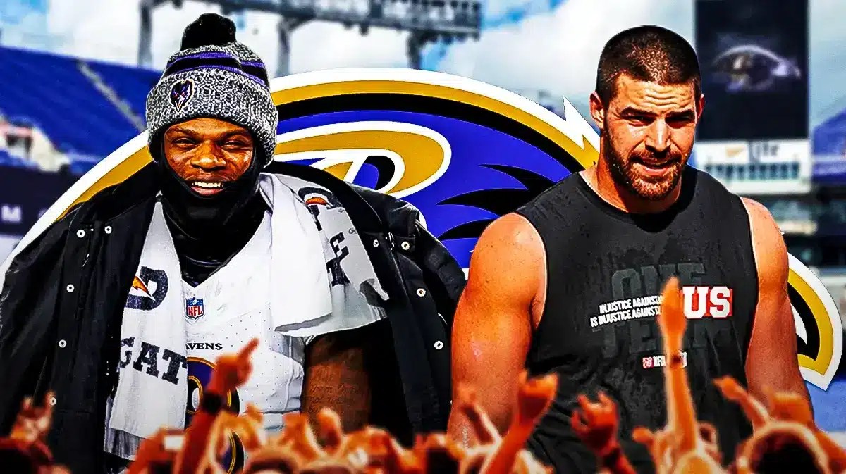 Lamar Jackson and Mark Andrews in front of a Ravens logo at M&T Bank Stadium