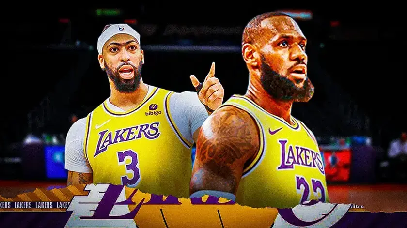 Lakers stars LeBron James and Anthony Davis with red aching symbol on their ankles