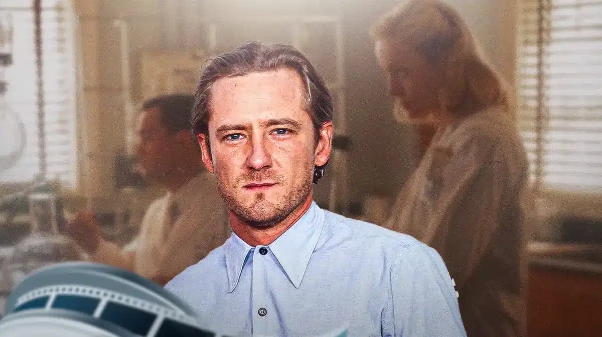 Lewis Pullman in front of a scene from Lessons in Chemistry.