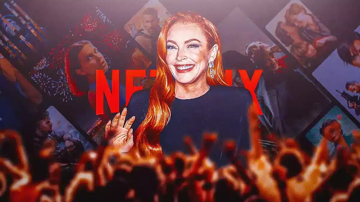 Lindsay Lohan in front of a crowd with the Netflix logo in the background